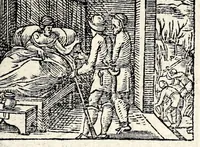An illustration from Aesopi Phrygis Fabvlae : elegantissimis eiconibus ueras animalium species ad uiuum adumbrantes. Gabriae Graeci Fabellae XXXXIIII. Batrachomyomáchia Homeri, hoc est, Ranarum & murium pugna. Galeōmyomachía, hoc est, Felium & murium pugna, tragoedia graeca : haec omnia cum Latina interpretatione (1551)