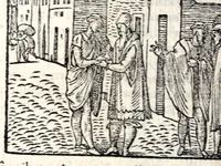 An illustration from Aesopi Phrygis Fabvlae : elegantissimis eiconibus ueras animalium species ad uiuum adumbrantes. Gabriae Graeci Fabellae XXXXIIII. Batrachomyomáchia Homeri, hoc est, Ranarum & murium pugna. Galeōmyomachía, hoc est, Felium & murium pugna, tragoedia graeca : haec omnia cum Latina interpretatione (1551)