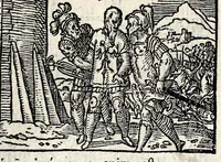 An illustration from Aesopi Phrygis Fabvlae : elegantissimis eiconibus ueras animalium species ad uiuum adumbrantes. Gabriae Graeci Fabellae XXXXIIII. Batrachomyomáchia Homeri, hoc est, Ranarum & murium pugna. Galeōmyomachía, hoc est, Felium & murium pugna, tragoedia graeca : haec omnia cum Latina interpretatione (1551)