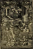 An illustration from Aesopi Phrygis vita et fabellae : cum latina interpretatione. Gabriae Graeci fabellae tres & quadraginta ex trimetris iambis, praeter ultima ex Scazonte, tetrastichis conclusae : cum latina interpretatione. Ex Aphthonii exercitametis de fabula : tum de formicis & cicadis graece & latine. De fabula ex imaginibus Philostrati graece & latine. Ex Hermogensis exercitametis de fabula Prisciano interprete. [Homeri batrachomyomachia, hoc est, Ranarum & murium pugna : Graece & Latine. De Ero & Leandro : Graece & Latine (1518)