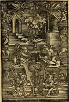 An illustration from Aesopi Phrygis vita et fabellae : cum latina interpretatione. Gabriae Graeci fabellae tres & quadraginta ex trimetris iambis, praeter ultima ex Scazonte, tetrastichis conclusae : cum latina interpretatione. Ex Aphthonii exercitametis de fabula : tum de formicis & cicadis graece & latine. De fabula ex imaginibus Philostrati graece & latine. Ex Hermogensis exercitametis de fabula Prisciano interprete. [Homeri batrachomyomachia, hoc est, Ranarum & murium pugna : Graece & Latine. De Ero & Leandro : Graece & Latine (1518)