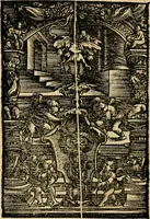 An illustration from Aesopi Phrygis vita et fabellae : cum latina interpretatione. Gabriae Graeci fabellae tres & quadraginta ex trimetris iambis, praeter ultima ex Scazonte, tetrastichis conclusae : cum latina interpretatione. Ex Aphthonii exercitametis de fabula : tum de formicis & cicadis graece & latine. De fabula ex imaginibus Philostrati graece & latine. Ex Hermogensis exercitametis de fabula Prisciano interprete. [Homeri batrachomyomachia, hoc est, Ranarum & murium pugna : Graece & Latine. De Ero & Leandro : Graece & Latine (1518)