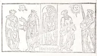 An illustration from Ambrosii Novidii Fracci Ferentinatis Sacrorum fastorum libri XII : cum romanis consuetudinibus per totum annũ, suisq[ue] causis, ac stellis, et numinũ nostrorum introductionibus : adhibitis XII. mensibvs, XII. apost. tutelis, rebus gestis, necnõ figuris, ac fabulis ad rẽ faciẽtibus, à suis tenebris ad lucẽ, idest Christum, reductis : opus sane sic post natalẽ domini à nullo antea scriptum aut editum (1547)