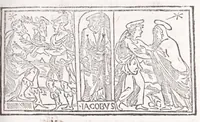 An illustration from Ambrosii Novidii Fracci Ferentinatis Sacrorum fastorum libri XII : cum romanis consuetudinibus per totum annũ, suisq[ue] causis, ac stellis, et numinũ nostrorum introductionibus : adhibitis XII. mensibvs, XII. apost. tutelis, rebus gestis, necnõ figuris, ac fabulis ad rẽ faciẽtibus, à suis tenebris ad lucẽ, idest Christum, reductis : opus sane sic post natalẽ domini à nullo antea scriptum aut editum (1547)