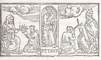 An illustration from Ambrosii Novidii Fracci Ferentinatis Sacrorum fastorum libri XII : cum romanis consuetudinibus per totum annũ, suisq[ue] causis, ac stellis, et numinũ nostrorum introductionibus : adhibitis XII. mensibvs, XII. apost. tutelis, rebus gestis, necnõ figuris, ac fabulis ad rẽ faciẽtibus, à suis tenebris ad lucẽ, idest Christum, reductis : opus sane sic post natalẽ domini à nullo antea scriptum aut editum (1547)