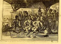 An illustration from America: being an accurate description of the Nevv VVorld; : containing the original of the inhabitants; the remarkable voyages thither: the conquest of the vast empires of Mexico and Peru, their ancient and later vvars. With their several plantations, many, and rich islands; their cities, fortresses, towns, temples, mountains, and rivers: their habits, customs, manners, and religions; their peculiar plants, beasts, birds, and serpents. (1670)
