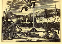 An illustration from America: being an accurate description of the Nevv VVorld; : containing the original of the inhabitants; the remarkable voyages thither: the conquest of the vast empires of Mexico and Peru, their ancient and later vvars. With their several plantations, many, and rich islands; their cities, fortresses, towns, temples, mountains, and rivers: their habits, customs, manners, and religions; their peculiar plants, beasts, birds, and serpents. (1670)