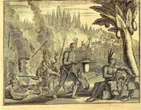 An illustration from America: being an accurate description of the Nevv VVorld; : containing the original of the inhabitants; the remarkable voyages thither: the conquest of the vast empires of Mexico and Peru, their ancient and later vvars. With their several plantations, many, and rich islands; their cities, fortresses, towns, temples, mountains, and rivers: their habits, customs, manners, and religions; their peculiar plants, beasts, birds, and serpents. (1670)