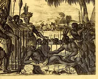 Picture 21 of 57 from America: being an accurate description of the Nevv VVorld; : containing the original of the inhabitants; the remarkable voyages thither: the conquest of the vast empires of Mexico and Peru, their ancient and later vvars. With their several plantations, many, and rich islands; their cities, fortresses, towns, temples, mountains, and rivers: their habits, customs, manners, and religions; their peculiar plants, beasts, birds, and serpents. (1670), leaf 355