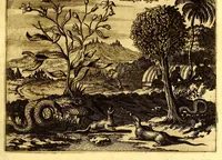 An illustration from America: being an accurate description of the Nevv VVorld; : containing the original of the inhabitants; the remarkable voyages thither: the conquest of the vast empires of Mexico and Peru, their ancient and later vvars. With their several plantations, many, and rich islands; their cities, fortresses, towns, temples, mountains, and rivers: their habits, customs, manners, and religions; their peculiar plants, beasts, birds, and serpents. (1670)