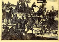 An illustration from America: being an accurate description of the Nevv VVorld; : containing the original of the inhabitants; the remarkable voyages thither: the conquest of the vast empires of Mexico and Peru, their ancient and later vvars. With their several plantations, many, and rich islands; their cities, fortresses, towns, temples, mountains, and rivers: their habits, customs, manners, and religions; their peculiar plants, beasts, birds, and serpents. (1670)