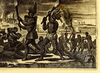 An illustration from America: being an accurate description of the Nevv VVorld; : containing the original of the inhabitants; the remarkable voyages thither: the conquest of the vast empires of Mexico and Peru, their ancient and later vvars. With their several plantations, many, and rich islands; their cities, fortresses, towns, temples, mountains, and rivers: their habits, customs, manners, and religions; their peculiar plants, beasts, birds, and serpents. (1670)