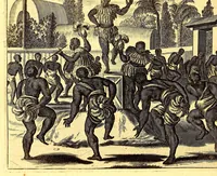 An illustration from America: being an accurate description of the Nevv VVorld; : containing the original of the inhabitants; the remarkable voyages thither: the conquest of the vast empires of Mexico and Peru, their ancient and later vvars. With their several plantations, many, and rich islands; their cities, fortresses, towns, temples, mountains, and rivers: their habits, customs, manners, and religions; their peculiar plants, beasts, birds, and serpents. (1670)