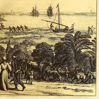 An illustration from America: being an accurate description of the Nevv VVorld; : containing the original of the inhabitants; the remarkable voyages thither: the conquest of the vast empires of Mexico and Peru, their ancient and later vvars. With their several plantations, many, and rich islands; their cities, fortresses, towns, temples, mountains, and rivers: their habits, customs, manners, and religions; their peculiar plants, beasts, birds, and serpents. (1670)