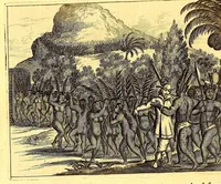 An illustration from America: being an accurate description of the Nevv VVorld; : containing the original of the inhabitants; the remarkable voyages thither: the conquest of the vast empires of Mexico and Peru, their ancient and later vvars. With their several plantations, many, and rich islands; their cities, fortresses, towns, temples, mountains, and rivers: their habits, customs, manners, and religions; their peculiar plants, beasts, birds, and serpents. (1670)