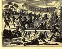An illustration from America: being an accurate description of the Nevv VVorld; : containing the original of the inhabitants; the remarkable voyages thither: the conquest of the vast empires of Mexico and Peru, their ancient and later vvars. With their several plantations, many, and rich islands; their cities, fortresses, towns, temples, mountains, and rivers: their habits, customs, manners, and religions; their peculiar plants, beasts, birds, and serpents. (1670)