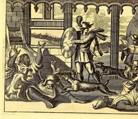An illustration from America: being an accurate description of the Nevv VVorld; : containing the original of the inhabitants; the remarkable voyages thither: the conquest of the vast empires of Mexico and Peru, their ancient and later vvars. With their several plantations, many, and rich islands; their cities, fortresses, towns, temples, mountains, and rivers: their habits, customs, manners, and religions; their peculiar plants, beasts, birds, and serpents. (1670)