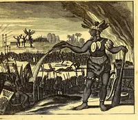 An illustration from America: being the latest, and most accurate description of the Nevv VVorld; : containing the original of the inhabitants, and the remarkable voyages thither. The conquest of the vast empires of Mexico and Peru, and other large provinces and territories, with the several European plantations in those parts. Also their cities, fortresses, towns, temples, mountains, and rivers. Their habits, customs, manners, and religions. Their plants, beasts, birds, and serpents. With an appendix, containing, besides several other considerable additions, a brief survey of what hath been discover'd of the unknown South-Land and the Arctick region. (1671)