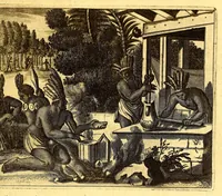 An illustration from America: being the latest, and most accurate description of the Nevv VVorld; : containing the original of the inhabitants, and the remarkable voyages thither. The conquest of the vast empires of Mexico and Peru, and other large provinces and territories, with the several European plantations in those parts. Also their cities, fortresses, towns, temples, mountains, and rivers. Their habits, customs, manners, and religions. Their plants, beasts, birds, and serpents. With an appendix, containing, besides several other considerable additions, a brief survey of what hath been discover'd of the unknown South-Land and the Arctick region. (1671)