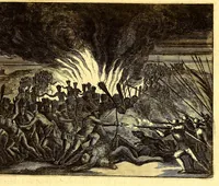 An illustration from America: being the latest, and most accurate description of the Nevv VVorld; : containing the original of the inhabitants, and the remarkable voyages thither. The conquest of the vast empires of Mexico and Peru, and other large provinces and territories, with the several European plantations in those parts. Also their cities, fortresses, towns, temples, mountains, and rivers. Their habits, customs, manners, and religions. Their plants, beasts, birds, and serpents. With an appendix, containing, besides several other considerable additions, a brief survey of what hath been discover'd of the unknown South-Land and the Arctick region. (1671)