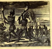 An illustration from America: being the latest, and most accurate description of the Nevv VVorld; : containing the original of the inhabitants, and the remarkable voyages thither. The conquest of the vast empires of Mexico and Peru, and other large provinces and territories, with the several European plantations in those parts. Also their cities, fortresses, towns, temples, mountains, and rivers. Their habits, customs, manners, and religions. Their plants, beasts, birds, and serpents. With an appendix, containing, besides several other considerable additions, a brief survey of what hath been discover'd of the unknown South-Land and the Arctick region. (1671)