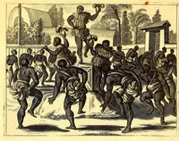 An illustration from America: being the latest, and most accurate description of the Nevv VVorld; : containing the original of the inhabitants, and the remarkable voyages thither. The conquest of the vast empires of Mexico and Peru, and other large provinces and territories, with the several European plantations in those parts. Also their cities, fortresses, towns, temples, mountains, and rivers. Their habits, customs, manners, and religions. Their plants, beasts, birds, and serpents. With an appendix, containing, besides several other considerable additions, a brief survey of what hath been discover'd of the unknown South-Land and the Arctick region. (1671)