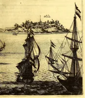 An illustration from America: being the latest, and most accurate description of the Nevv VVorld; : containing the original of the inhabitants, and the remarkable voyages thither. The conquest of the vast empires of Mexico and Peru, and other large provinces and territories, with the several European plantations in those parts. Also their cities, fortresses, towns, temples, mountains, and rivers. Their habits, customs, manners, and religions. Their plants, beasts, birds, and serpents. With an appendix, containing, besides several other considerable additions, a brief survey of what hath been discover'd of the unknown South-Land and the Arctick region. (1671)