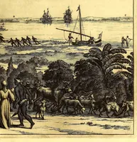 An illustration from America: being the latest, and most accurate description of the Nevv VVorld; : containing the original of the inhabitants, and the remarkable voyages thither. The conquest of the vast empires of Mexico and Peru, and other large provinces and territories, with the several European plantations in those parts. Also their cities, fortresses, towns, temples, mountains, and rivers. Their habits, customs, manners, and religions. Their plants, beasts, birds, and serpents. With an appendix, containing, besides several other considerable additions, a brief survey of what hath been discover'd of the unknown South-Land and the Arctick region. (1671)