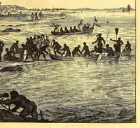 An illustration from America: being the latest, and most accurate description of the Nevv VVorld; : containing the original of the inhabitants, and the remarkable voyages thither. The conquest of the vast empires of Mexico and Peru, and other large provinces and territories, with the several European plantations in those parts. Also their cities, fortresses, towns, temples, mountains, and rivers. Their habits, customs, manners, and religions. Their plants, beasts, birds, and serpents. With an appendix, containing, besides several other considerable additions, a brief survey of what hath been discover'd of the unknown South-Land and the Arctick region. (1671)