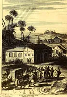 An illustration from America: being the latest, and most accurate description of the Nevv VVorld; : containing the original of the inhabitants, and the remarkable voyages thither. The conquest of the vast empires of Mexico and Peru, and other large provinces and territories, with the several European plantations in those parts. Also their cities, fortresses, towns, temples, mountains, and rivers. Their habits, customs, manners, and religions. Their plants, beasts, birds, and serpents. With an appendix, containing, besides several other considerable additions, a brief survey of what hath been discover'd of the unknown South-Land and the Arctick region. (1671)