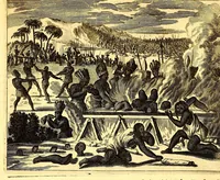 An illustration from America: being the latest, and most accurate description of the Nevv VVorld; : containing the original of the inhabitants, and the remarkable voyages thither. The conquest of the vast empires of Mexico and Peru, and other large provinces and territories, with the several European plantations in those parts. Also their cities, fortresses, towns, temples, mountains, and rivers. Their habits, customs, manners, and religions. Their plants, beasts, birds, and serpents. With an appendix, containing, besides several other considerable additions, a brief survey of what hath been discover'd of the unknown South-Land and the Arctick region. (1671)
