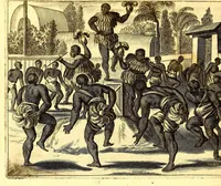 An illustration from America: being the latest, and most accurate description of the Nevv VVorld; : containing the original of the inhabitants, and the remarkable voyages thither. The conquest of the vast empires of Mexico and Peru, and other large provinces and territories, with the several European plantations in those parts. Also their cities, fortresses, towns, temples, mountains, and rivers. Their habits, customs, manners, and religions. Their plants, beasts, birds, and serpents. With an appendix, containing, besides several other considerable additions, a brief survey of what hath been discover'd of the unknown South-Land and the Arctick region. (1671)