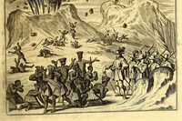An illustration from America: being the latest, and most accurate description of the Nevv VVorld; : containing the original of the inhabitants, and the remarkable voyages thither. The conquest of the vast empires of Mexico and Peru, and other large provinces and territories, with the several European plantations in those parts. Also their cities, fortresses, towns, temples, mountains, and rivers. Their habits, customs, manners, and religions. Their plants, beasts, birds, and serpents. With an appendix, containing, besides several other considerable additions, a brief survey of what hath been discover'd of the unknown South-Land and the Arctick region. (1671)