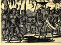 An illustration from America: being the latest, and most accurate description of the Nevv VVorld; : containing the original of the inhabitants, and the remarkable voyages thither. The conquest of the vast empires of Mexico and Peru, and other large provinces and territories, with the several European plantations in those parts. Also their cities, fortresses, towns, temples, mountains, and rivers. Their habits, customs, manners, and religions. Their plants, beasts, birds, and serpents. With an appendix, containing, besides several other considerable additions, a brief survey of what hath been discover'd of the unknown South-Land and the Arctick region. (1671)