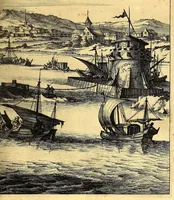 An illustration from America: being the latest, and most accurate description of the Nevv VVorld; : containing the original of the inhabitants, and the remarkable voyages thither. The conquest of the vast empires of Mexico and Peru, and other large provinces and territories, with the several European plantations in those parts. Also their cities, fortresses, towns, temples, mountains, and rivers. Their habits, customs, manners, and religions. Their plants, beasts, birds, and serpents. With an appendix, containing, besides several other considerable additions, a brief survey of what hath been discover'd of the unknown South-Land and the Arctick region. (1671)
