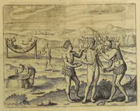 An illustration from Americae achter Theil, : darinnen erstlich beschrieben wird das mächtige vnd goldtreiche Königreich Guiana, zu norden dess grossen Flusses Orenoke. Endecket vnd beschrieben durch Herrn Walter Rhaleg, Rittern, vnd Hauptmann königlicher Mayestat in Engelland Leibsquardi. Zum andern, eine Reyse Herrn Thomas Candisch, Admirals, welcher im Jahr 1586. das Meer bey 13000. Englisher Meylen besegelt vnd anno 1588. wieder zu Hauss angelangt. Vnd dann drey sonderbare Reysen Herrn Frantzen Drakens, Ritters, so er in Jahren 1577. 1585. vnd 1595. vollbracht vnd was seine verrichtungen gewest. (1624)