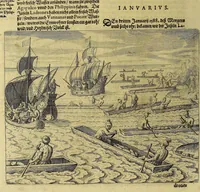 An illustration from Americae achter Theil, : darinnen erstlich beschrieben wird das mächtige vnd goldtreiche Königreich Guiana, zu norden dess grossen Flusses Orenoke. Endecket vnd beschrieben durch Herrn Walter Rhaleg, Rittern, vnd Hauptmann königlicher Mayestat in Engelland Leibsquardi. Zum andern, eine Reyse Herrn Thomas Candisch, Admirals, welcher im Jahr 1586. das Meer bey 13000. Englisher Meylen besegelt vnd anno 1588. wieder zu Hauss angelangt. Vnd dann drey sonderbare Reysen Herrn Frantzen Drakens, Ritters, so er in Jahren 1577. 1585. vnd 1595. vollbracht vnd was seine verrichtungen gewest. (1624)