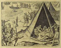 An illustration from Americae achter Theil, : darinnen erstlich beschrieben wird das mächtige vnd goldtreiche Königreich Guiana, zu norden dess grossen Flusses Orenoke. Endecket vnd beschrieben durch Herrn Walter Rhaleg, Rittern, vnd Hauptmann königlicher Mayestat in Engelland Leibsquardi. Zum andern, eine Reyse Herrn Thomas Candisch, Admirals, welcher im Jahr 1586. das Meer bey 13000. Englisher Meylen besegelt vnd anno 1588. wieder zu Hauss angelangt. Vnd dann drey sonderbare Reysen Herrn Frantzen Drakens, Ritters, so er in Jahren 1577. 1585. vnd 1595. vollbracht vnd was seine verrichtungen gewest. (1624)