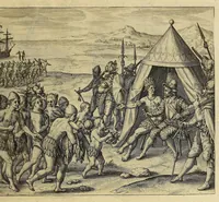 An illustration from Americae achter Theil, : in welchem erstlich beschrieben wirt das mächtige vnd goldtreiche Königreich Guiana, zu norden dess grossen Flusses Oronoke, sonsten Oregliana gennant, gelegen, sampt desselbigen fürnembsten vnd reichsten Hauptstätten Manoa vnd Macuieguarai, auch die fürnembste vnd köstlichste Kauffmannschafften die dieses Königreich vberflüssig in sich hat. Item, eine kurtze Beschreibung der vmbligenden Landtschafften Emereia, Arromaia, Amapaia, Topago, &c. in welchen neben andern Völckern die kriegische Weiber, von den alten Amazones genannt, wohnen, sampt kurtzer meldung 53-grosser Wasserströhm, vnter denen der Oronoke der gröste ist, vnd sich wol 500. Teutscher Meil in das Landt hineyn, bey nahe an die mächtige Statt Quito in Peru, erstreckt. Alles mit fleiss beschrieben durch den gestrengen, Edlen vn[d] vesten Walthern Ralegh, Rittern, vnd Hauptmann vber jrer Kön. Mayest. auss Engellandt Leibs Guardi, welcher neben dem auff dem Meer auch wolgeübten Hauptmann, Lorentz Keymis alles selber erfahren vnd gesehen hat im Jar 1595. vnd 1596. Zum andern, die reyse dess Edlen vnd vesten Thomas Candisch, welcher im Jar 1586. mit. 3. Schiffen in Engellandt aussgefahren, und nach dem er das Meer bey die 13000. Engelländischer Meil befelgt, in Anno 1588. wider an ist gelanget, sampt Erzehlung aller Abentheuwer Geschichten so jm auff dieser Reyss zu handen gestossen seynd. Durch Frantzen Prettie einen Engelländer, welcher dieser Fahrt persönlich hat beygewohnet, von Tag zu Tag auffgezeichnet. Vnd zum dritten die letzte Reyss der gestrengen, Edlen vnd vesten Frantzen Draeck vnd Iohan Hauckens, Rittern, welche Anno 1595. mit 6. der Königin und 21. andern Schiffen, darauff 2500. Mann gewesen, in Engellandt abgesegelt in die Occidentalische Indien, die Statt Panama eynzunemmen, auff welcher Reyse sie beyde jr Leben beschlossen haben. (1599)