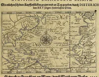 An illustration from Americae achter Theil, : in welchem erstlich beschrieben wirt das mächtige vnd goldtreiche Königreich Guiana, zu norden dess grossen Flusses Oronoke, sonsten Oregliana gennant, gelegen, sampt desselbigen fürnembsten vnd reichsten Hauptstätten Manoa vnd Macuieguarai, auch die fürnembste vnd köstlichste Kauffmannschafften die dieses Königreich vberflüssig in sich hat. Item, eine kurtze Beschreibung der vmbligenden Landtschafften Emereia, Arromaia, Amapaia, Topago, &c. in welchen neben andern Völckern die kriegische Weiber, von den alten Amazones genannt, wohnen, sampt kurtzer meldung 53-grosser Wasserströhm, vnter denen der Oronoke der gröste ist, vnd sich wol 500. Teutscher Meil in das Landt hineyn, bey nahe an die mächtige Statt Quito in Peru, erstreckt. Alles mit fleiss beschrieben durch den gestrengen, Edlen vn[d] vesten Walthern Ralegh, Rittern, vnd Hauptmann vber jrer Kön. Mayest. auss Engellandt Leibs Guardi, welcher neben dem auff dem Meer auch wolgeübten Hauptmann, Lorentz Keymis alles selber erfahren vnd gesehen hat im Jar 1595. vnd 1596. Zum andern, die reyse dess Edlen vnd vesten Thomas Candisch, welcher im Jar 1586. mit. 3. Schiffen in Engellandt aussgefahren, und nach dem er das Meer bey die 13000. Engelländischer Meil befelgt, in Anno 1588. wider an ist gelanget, sampt Erzehlung aller Abentheuwer Geschichten so jm auff dieser Reyss zu handen gestossen seynd. Durch Frantzen Prettie einen Engelländer, welcher dieser Fahrt persönlich hat beygewohnet, von Tag zu Tag auffgezeichnet. Vnd zum dritten die letzte Reyss der gestrengen, Edlen vnd vesten Frantzen Draeck vnd Iohan Hauckens, Rittern, welche Anno 1595. mit 6. der Königin und 21. andern Schiffen, darauff 2500. Mann gewesen, in Engellandt abgesegelt in die Occidentalische Indien, die Statt Panama eynzunemmen, auff welcher Reyse sie beyde jr Leben beschlossen haben. (1599)