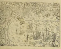 An illustration from Americae nona & postrema pars. : Qua de ratione elementorum: De novi orbis natura: de huius incolarum superstitiosis cultibus: deq[ue] forma politicae ac Republ. ipsorum copiosè pertractatur: catalogo regum Mexicanorum omnium, à primo usq[ue] ad vltimum Motec̦umam II. addito: cui etiam ritus eorum coronationis, ac sepulturae annectitur, cum enumeratione bellorum, quae mutuò Indi gesserunt. His accessit designatio illius navigationis, quam 5. naues Hollandicae anno 1598. per Fretum Magellanum in Moluccanas insulas tentarunt: quomodo nimirum oborta tempestate capitaneus Sebalt de Weert à caeteris nauibus dispulsus, postquam plurimis mensibus in freto infinitis aerumnis miserè iactatus fuisset, tandem infectare post biennium An[no] 1600. domum reuersus sit. Addita est tertio nauigatio recens, quam 4. nauium praefectus Olevier à Noort proximè suscepit: qui Freto Magellanico classe transmisso, triennij spatio vniuersum terrae orbem seu globum mira navigationis forte obiuit: annexis illis, quae in itinere isto singularia ac memorabiliora notata sunt. (1602)
