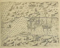 An illustration from Americae nona & postrema pars. : Qua de ratione elementorum: De novi orbis natura: de huius incolarum superstitiosis cultibus: deq[ue] forma politicae ac Republ. ipsorum copiosè pertractatur: catalogo regum Mexicanorum omnium, à primo usq[ue] ad vltimum Motec̦umam II. addito: cui etiam ritus eorum coronationis, ac sepulturae annectitur, cum enumeratione bellorum, quae mutuò Indi gesserunt. His accessit designatio illius navigationis, quam 5. naues Hollandicae anno 1598. per Fretum Magellanum in Moluccanas insulas tentarunt: quomodo nimirum oborta tempestate capitaneus Sebalt de Weert à caeteris nauibus dispulsus, postquam plurimis mensibus in freto infinitis aerumnis miserè iactatus fuisset, tandem infectare post biennium An[no] 1600. domum reuersus sit. Addita est tertio nauigatio recens, quam 4. nauium praefectus Olevier à Noort proximè suscepit: qui Freto Magellanico classe transmisso, triennij spatio vniuersum terrae orbem seu globum mira navigationis forte obiuit: annexis illis, quae in itinere isto singularia ac memorabiliora notata sunt. (1602)