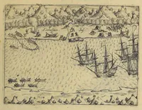 An illustration from Americae nona & postrema pars. : Qua de ratione elementorum: De novi orbis natura: de huius incolarum superstitiosis cultibus: deq[ue] forma politicae ac Republ. ipsorum copiosè pertractatur: catalogo regum Mexicanorum omnium, à primo usq[ue] ad vltimum Motec̦umam II. addito: cui etiam ritus eorum coronationis, ac sepulturae annectitur, cum enumeratione bellorum, quae mutuò Indi gesserunt. His accessit designatio illius navigationis, quam 5. naues Hollandicae anno 1598. per Fretum Magellanum in Moluccanas insulas tentarunt: quomodo nimirum oborta tempestate capitaneus Sebalt de Weert à caeteris nauibus dispulsus, postquam plurimis mensibus in freto infinitis aerumnis miserè iactatus fuisset, tandem infectare post biennium An[no] 1600. domum reuersus sit. Addita est tertio nauigatio recens, quam 4. nauium praefectus Olevier à Noort proximè suscepit: qui Freto Magellanico classe transmisso, triennij spatio vniuersum terrae orbem seu globum mira navigationis forte obiuit: annexis illis, quae in itinere isto singularia ac memorabiliora notata sunt. (1602)