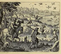 An illustration from Americae pars decima: : quae continentur, I. Duae navigationes Dn. Americi Vesputii, sub auspiciis Castellani regis, Ferdinandi susceptae. II. Solida narratio de moderno provinciae Virginiae statu, qua ratione tandem pax cum Indianis coaluerit, ac castella aliquot ad regionis praesidium ab Anglis extructa fuerint; additâ historiâ lectu jucundissimâ, quomodo Pokahuntas, regis Virginiae Powhatani filia, primori cuidam Anglo nupserit; authore Raphe Hamor Virginiae secretario. III. Vera descriptio Novae Angliae, quae Americae pars ad septentrionalem Indiam spectat, à capitaneo Johanne Schmidt, equite atque admirali delineata: cui accessit discursus, quomodo in secunda navigatione à Gallis captus, anno 1616. demum liberatus fuerit. Omnia nunc primùm in lucem edita, atque eleganter in aes incisis iconibus illustrata, / sumptibus ac studio Johann-Theodori de Bry (1619)