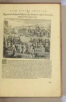 An illustration from Americae pars decima: : quae continentur, I. Duae navigationes Dn. Americi Vesputii, sub auspiciis Castellani regis, Ferdinandi susceptae. II. Solida narratio de moderno provinciae Virginiae statu, qua ratione tandem pax cum Indianis coaluerit, ac castella aliquot ad regionis praesidium ab Anglis extructa fuerint; additâ historiâ lectu jucundissimâ, quomodo Pokahuntas, regis Virginiae Powhatani filia, primori cuidam Anglo nupserit; authore Raphe Hamor Virginiae secretario. III. Vera descriptio Novae Angliae, quae Americae pars ad septentrionalem Indiam spectat, à capitaneo Johanne Schmidt, equite atque admirali delineata: cui accessit discursus, quomodo in secunda navigatione à Gallis captus, anno 1616. demum liberatus fuerit. Omnia nunc primùm in lucem edita, atque eleganter in aes incisis iconibus illustrata, / sumptibus ac studio Johann-Theodori de Bry (1619)