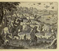 An illustration from Americae pars decima: : quae continentur, I. Duae navigationes Dn. Americi Vesputii, sub auspiciis Castellani regis, Ferdinandi susceptae. II. Solida narratio de moderno provinciae Virginiae statu, qua ratione tandem pax cum Indianis coaluerit, ac castella aliquot ad regionis praesidium ab Anglis extructa fuerint; additâ historiâ lectu jucundissimâ, quomodo Pokahuntas, regis Virginiae Powhatani filia, primori cuidam Anglo nupserit; authore Raphe Hamor Virginiae secretario. III. Vera descriptio Novae Angliae, quae Americae pars ad septentrionalem Indiam spectat, à capitaneo Johanne Schmidt, equite atque admirali delineata: cui accessit discursus, quomodo in secunda navigatione à Gallis captus, anno 1616. demum liberatus fuerit. Omnia nunc primùm in lucem edita, atque eleganter in aes incisis iconibus illustrata, / sumptibus ac studio Johann-Theodori de Bry (1619)