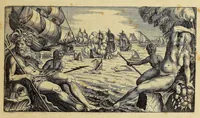 An illustration from Americae pars decima: : quae continentur, I. Duae navigationes Dn. Americi Vesputii, sub auspiciis Castellani regis, Ferdinandi susceptae. II. Solida narratio de moderno provinciae Virginiae statu, qua ratione tandem pax cum Indianis coaluerit, ac castella aliquot ad regionis praesidium ab Anglis extructa fuerint; additâ historiâ lectu jucundissimâ, quomodo Pokahuntas, regis Virginiae Powhatani filia, primori cuidam Anglo nupserit; authore Raphe Hamor Virginiae secretario. III. Vera descriptio Novae Angliae, quae Americae pars ad septentrionalem Indiam spectat, à capitaneo Johanne Schmidt, equite atque admirali delineata: cui accessit discursus, quomodo in secunda navigatione à Gallis captus, anno 1616. demum liberatus fuerit. Omnia nunc primùm in lucem edita, atque eleganter in aes incisis iconibus illustrata, / sumptibus ac studio Johann-Theodori de Bry (1619)