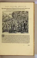 An illustration from Americae pars decima: : quae continentur, I. Duae navigationes Dn. Americi Vesputii, sub auspiciis Castellani regis, Ferdinandi susceptae. II. Solida narratio de moderno provinciae Virginiae statu, qua ratione tandem pax cum Indianis coaluerit, ac castella aliquot ad regionis praesidium ab Anglis extructa fuerint; additâ historiâ lectu jucundissimâ, quomodo Pokahuntas, regis Virginiae Powhatani filia, primori cuidam Anglo nupserit; authore Raphe Hamor Virginiae secretario. III. Vera descriptio Novae Angliae, quae Americae pars ad septentrionalem Indiam spectat, à capitaneo Johanne Schmidt, equite atque admirali delineata: cui accessit discursus, quomodo in secunda navigatione à Gallis captus, anno 1616. demum liberatus fuerit. Omnia nunc primùm in lucem edita, atque eleganter in aes incisis iconibus illustrata, / sumptibus ac studio Johann-Theodori de Bry (1619)