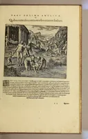 An illustration from Americae pars decima: : quae continentur, I. Duae navigationes Dn. Americi Vesputii, sub auspiciis Castellani regis, Ferdinandi susceptae. II. Solida narratio de moderno provinciae Virginiae statu, qua ratione tandem pax cum Indianis coaluerit, ac castella aliquot ad regionis praesidium ab Anglis extructa fuerint; additâ historiâ lectu jucundissimâ, quomodo Pokahuntas, regis Virginiae Powhatani filia, primori cuidam Anglo nupserit; authore Raphe Hamor Virginiae secretario. III. Vera descriptio Novae Angliae, quae Americae pars ad septentrionalem Indiam spectat, à capitaneo Johanne Schmidt, equite atque admirali delineata: cui accessit discursus, quomodo in secunda navigatione à Gallis captus, anno 1616. demum liberatus fuerit. Omnia nunc primùm in lucem edita, atque eleganter in aes incisis iconibus illustrata, / sumptibus ac studio Johann-Theodori de Bry (1619)