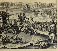 An illustration from Americae pars decima: : quae continentur, I. Duae navigationes Dn. Americi Vesputii, sub auspiciis Castellani regis, Ferdinandi susceptae. II. Solida narratio de moderno provinciae Virginiae statu, qua ratione tandem pax cum Indianis coaluerit, ac castella aliquot ad regionis praesidium ab Anglis extructa fuerint; additâ historiâ lectu jucundissimâ, quomodo Pokahuntas, regis Virginiae Powhatani filia, primori cuidam Anglo nupserit; authore Raphe Hamor Virginiae secretario. III. Vera descriptio Novae Angliae, quae Americae pars ad septentrionalem Indiam spectat, à capitaneo Johanne Schmidt, equite atque admirali delineata: cui accessit discursus, quomodo in secunda navigatione à Gallis captus, anno 1616. demum liberatus fuerit. Omnia nunc primùm in lucem edita, atque eleganter in aes incisis iconibus illustrata, / sumptibus ac studio Johann-Theodori de Bry (1619)